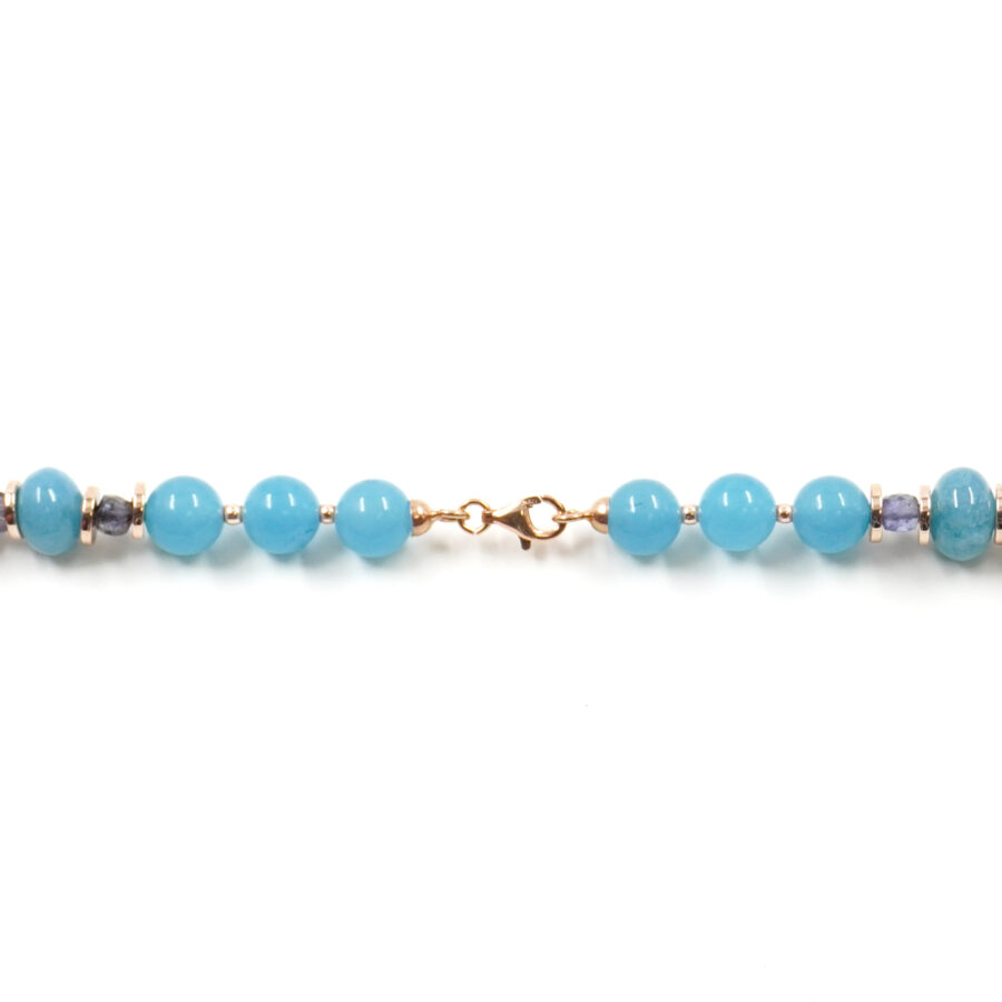 Collana con quarzo spugna azzurro, berillo, iolite, perla, ematite, chiusura in argento 925 - Rosato - immagine 4
