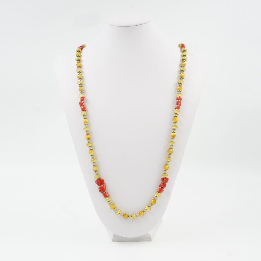 Collana con occhio di tigre dorato, occhio di gatto, apatite, corallo, ematite, chiusura in argento 925 - Dorato - immagine 3