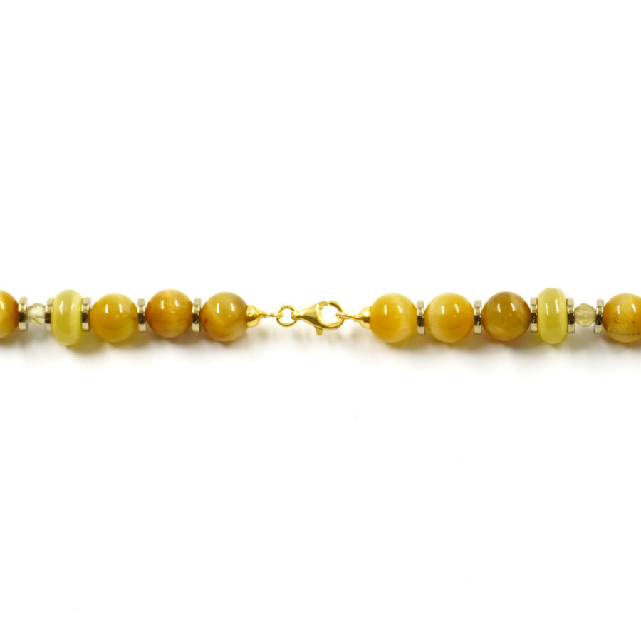 Collana con occhio di tigre dorato, occhio di gatto, apatite, corallo, ematite, chiusura in argento 925 - Dorato - immagine 4