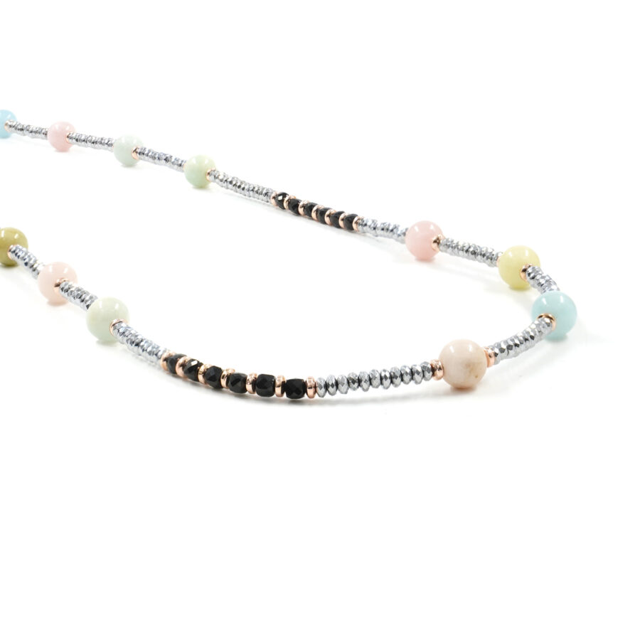 Collana con ematite, berillo, spinello nero, chiusura in argento 925 - Rosato