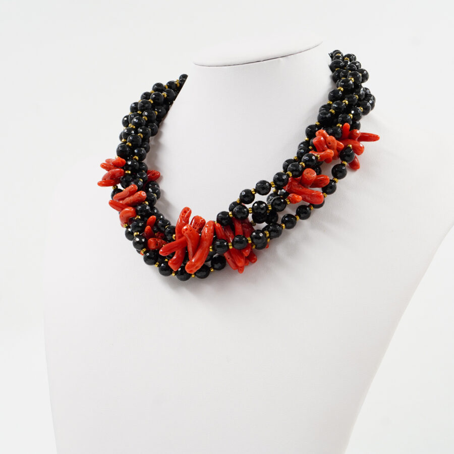 Collana Multifilo con agata nera, corallo, ematite, chiusura in argento 925 - Dorato - immagine 2