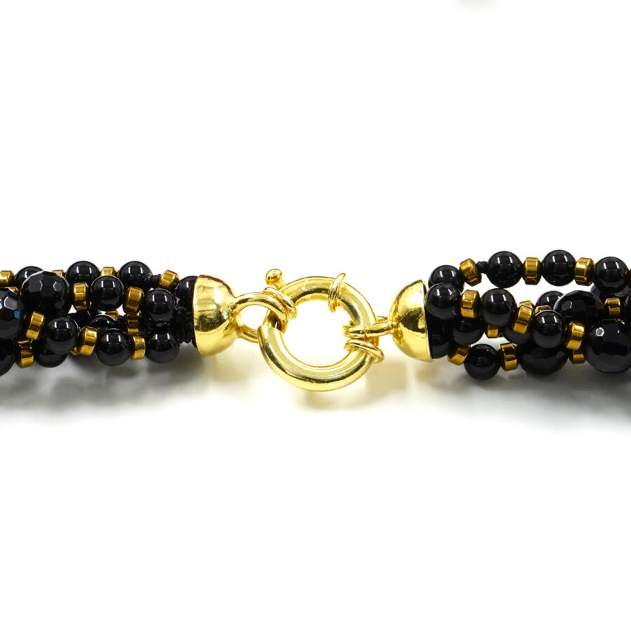 Collana Multifilo con agata nera, corallo, ematite, chiusura in argento 925 - Dorato - immagine 3