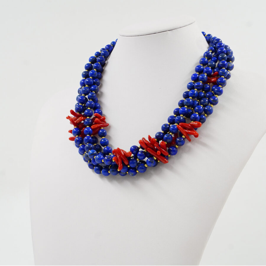 Collana Multifilo con lapis, corallo, ematite, chiusura in argento 925 - Dorato