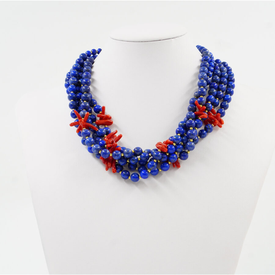 Collana Multifilo con lapis, corallo, ematite, chiusura in argento 925 - Dorato - immagine 2