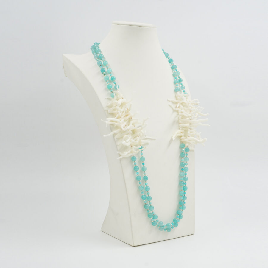 Collana Multifilo con amazzonite, corallo bianco, ematite, chiusura in argento 925 - Rosato