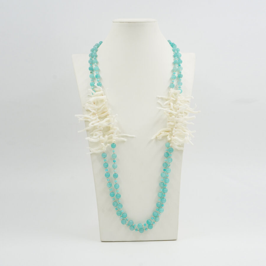 Collana Multifilo con amazzonite, corallo bianco, ematite, chiusura in argento 925 - Rosato - immagine 2