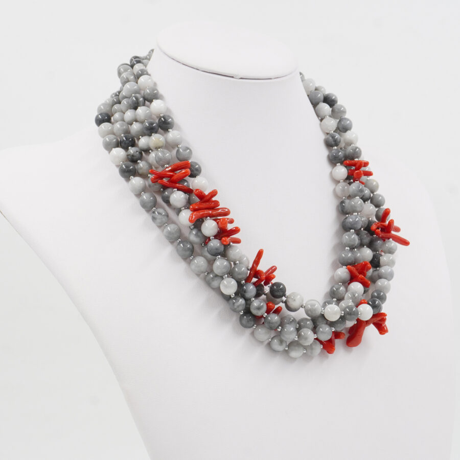 Collana Multifilo con occhio d'aquila, corallo, ematite, chiusura in argento 925 - Rodiato