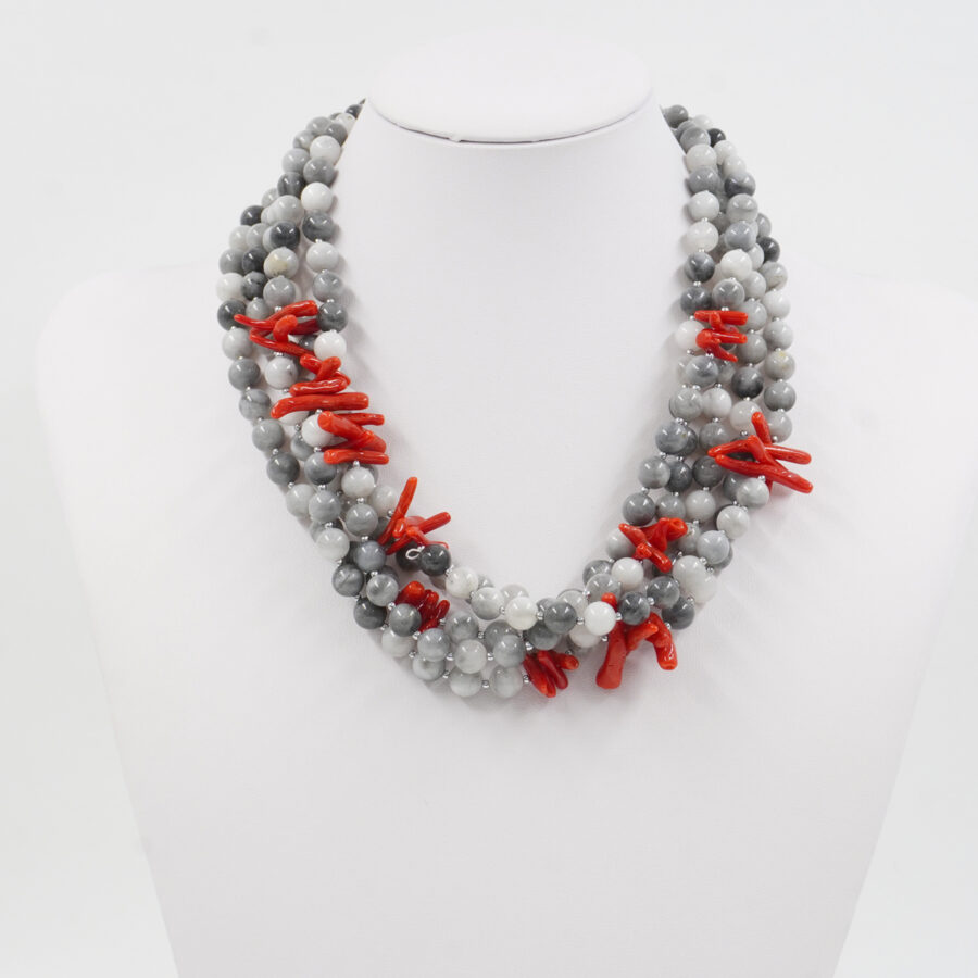 Collana Multifilo con occhio d'aquila, corallo, ematite, chiusura in argento 925 - Rodiato - immagine 2