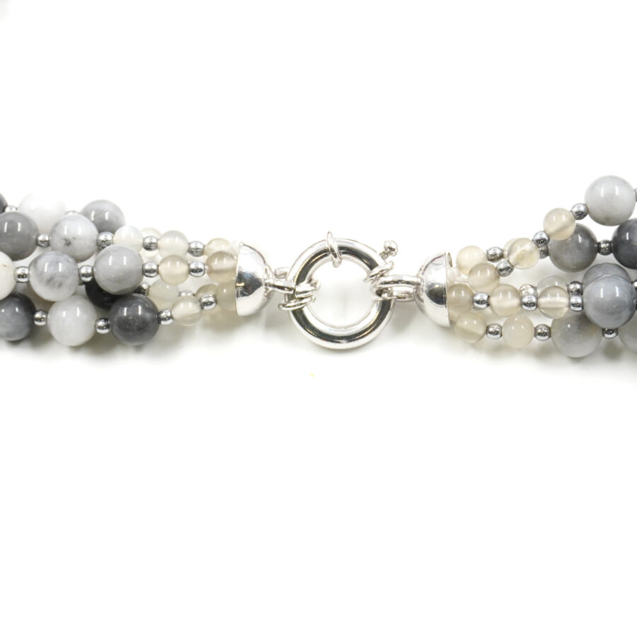 Collana Multifilo con occhio d'aquila, corallo, ematite, chiusura in argento 925 - Rodiato - immagine 3