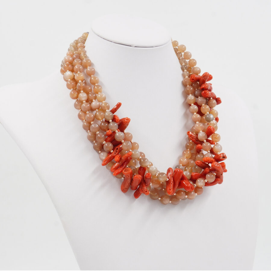 Collana Multifilo con pietra di Luna, corallo, ematite, chiusura in argento 925 - Rosato