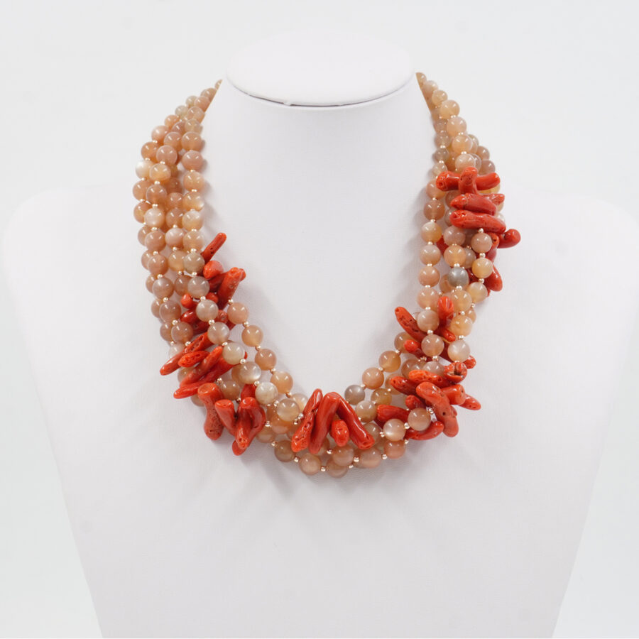 Collana Multifilo con pietra di Luna, corallo, ematite, chiusura in argento 925 - Rosato - immagine 2
