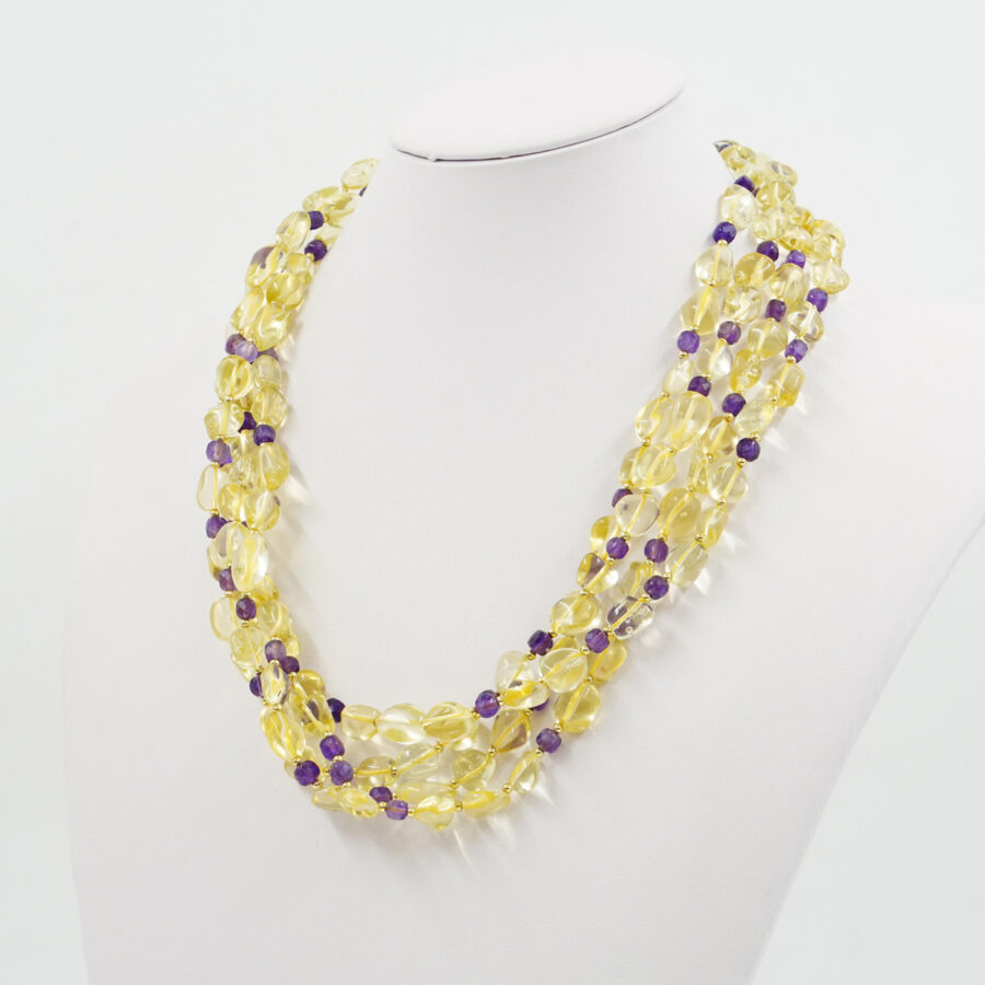 Collana Multifilo con quarzo lemon, ametista, ematite, chiusura in argento 925 - Dorato