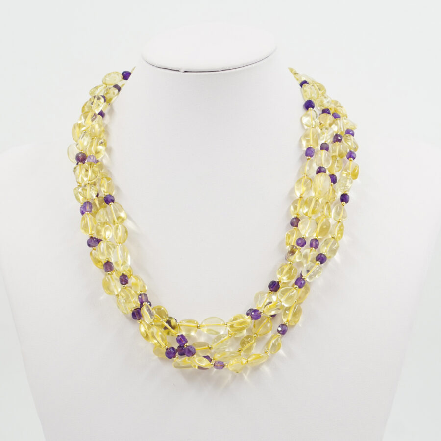 Collana Multifilo con quarzo lemon, ametista, ematite, chiusura in argento 925 - Dorato - immagine 2