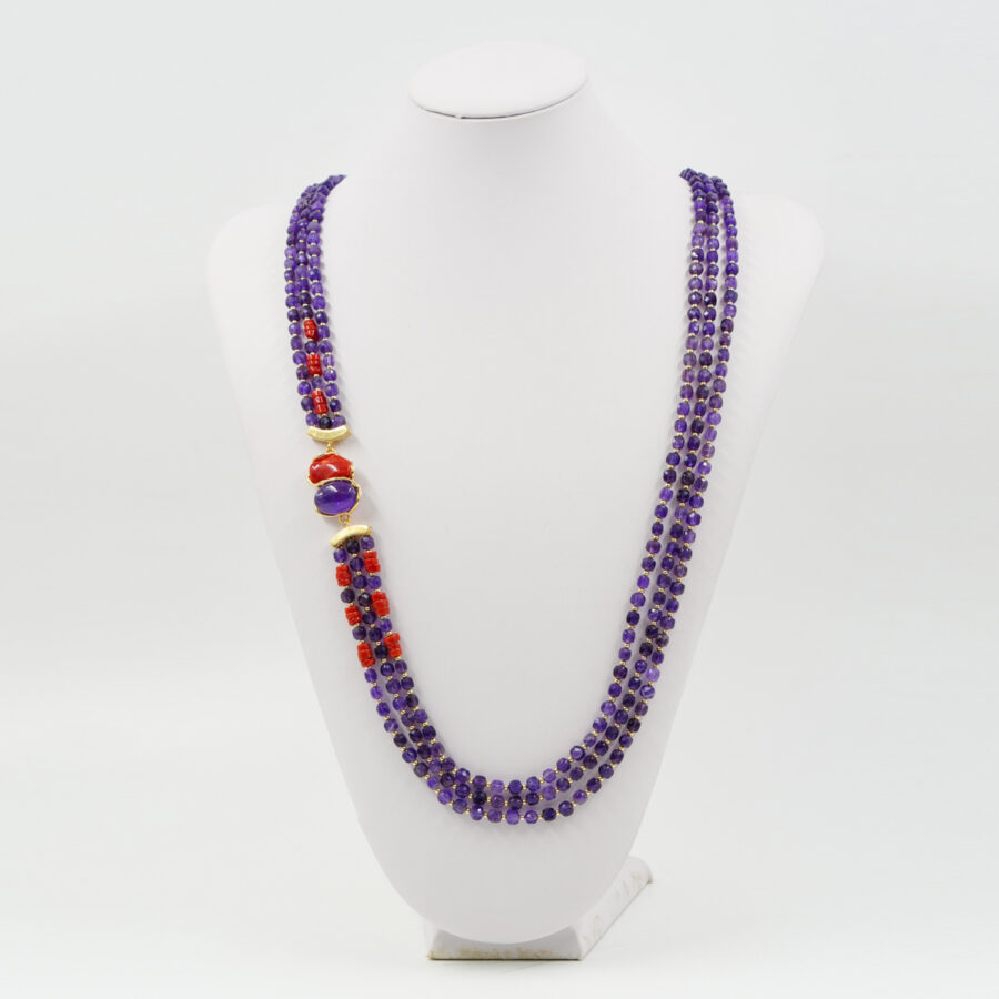 Collana Multifilo con ametista, corallo, chiusura in argento 925 – Dorato - immagine 2