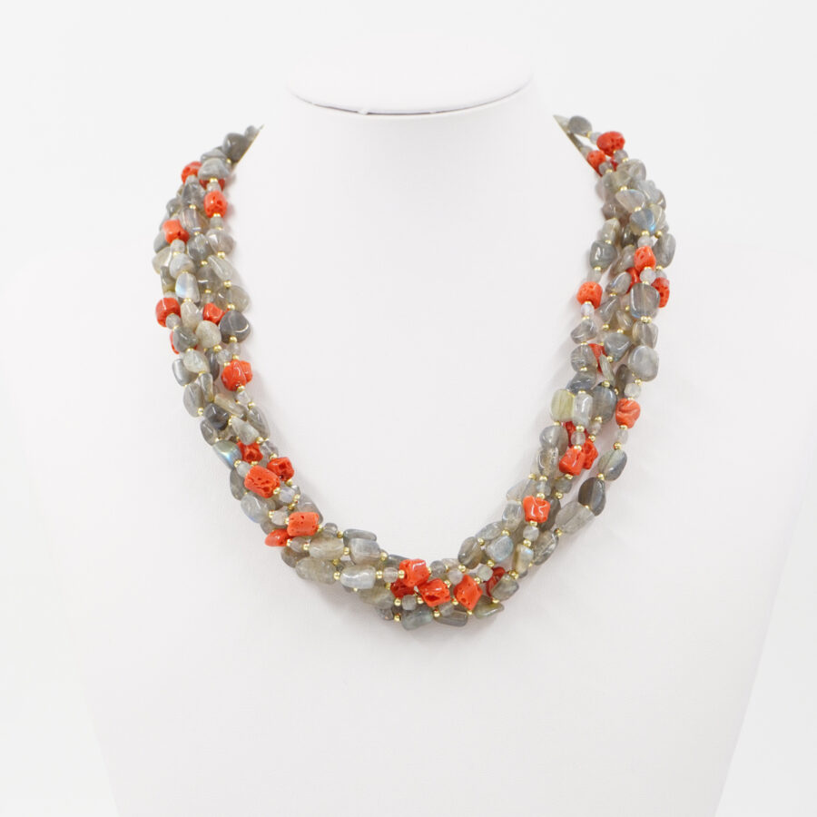 Collana Multifilo con labradorite, corallo, ematite, chiusura in argento 925 – Rodiato