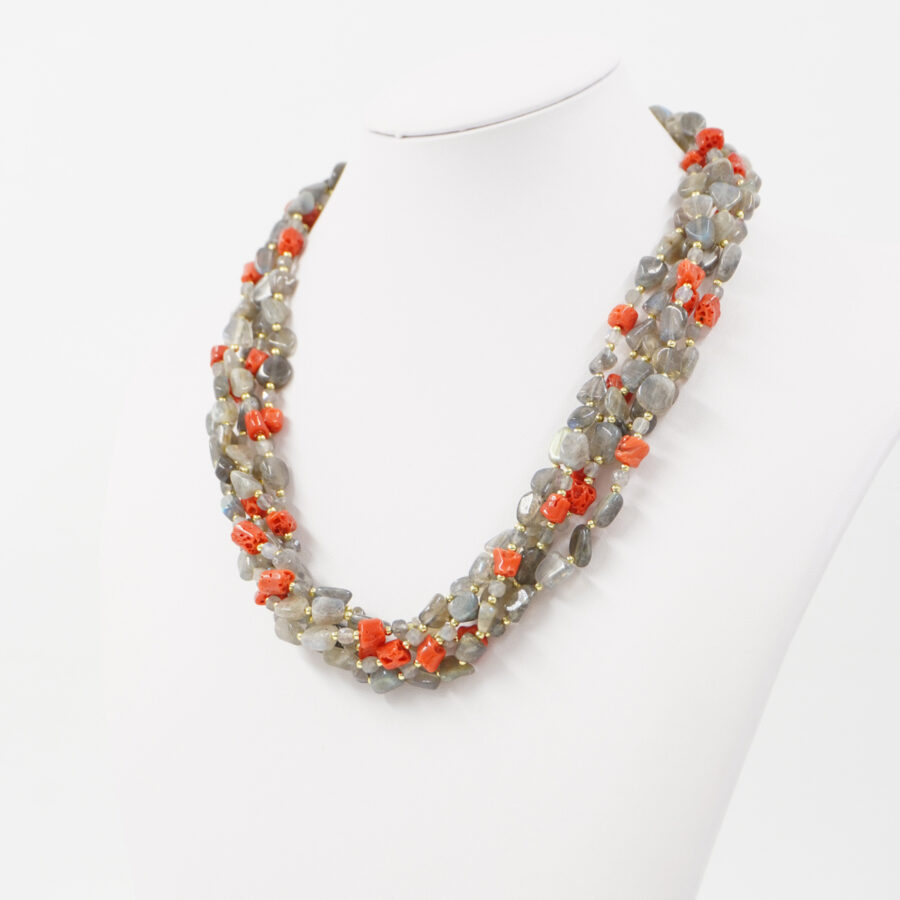 Collana Multifilo con labradorite, corallo, ematite, chiusura in argento 925 – Rodiato - immagine 2