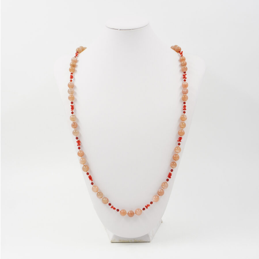 Collana con pietra di Luna, agata rossa, corallo, ematite, chiusura in argento 925 – Rosato
