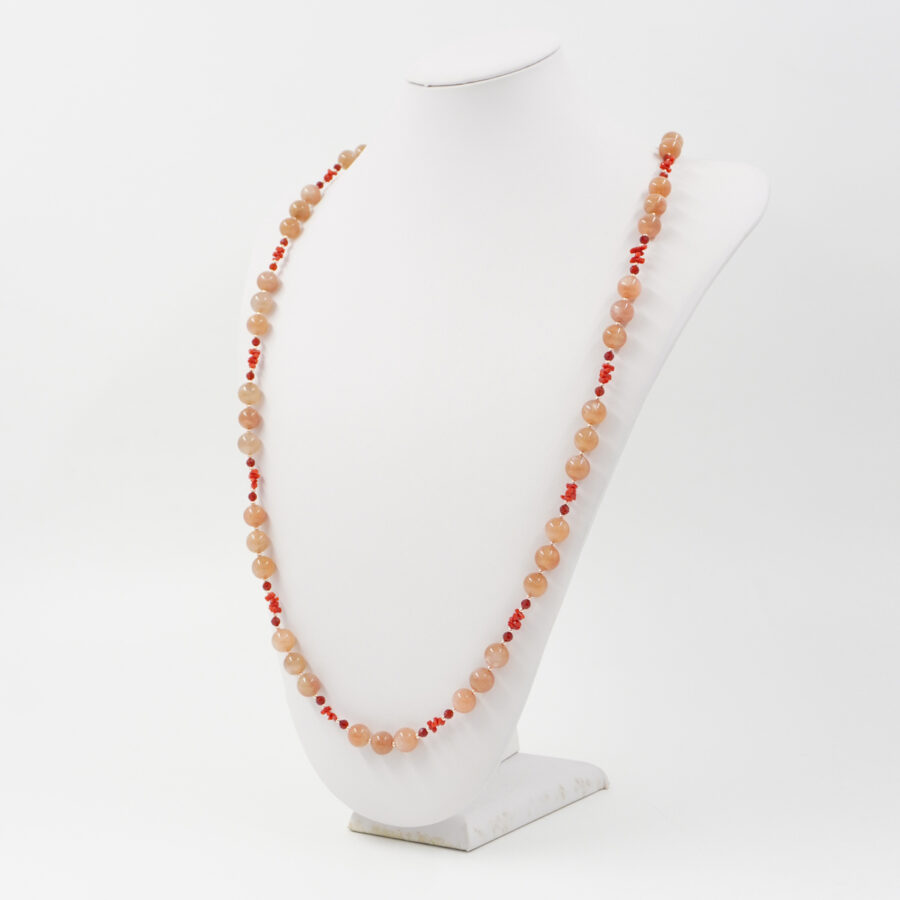 Collana con pietra di Luna, agata rossa, corallo, ematite, chiusura in argento 925 – Rosato - immagine 2