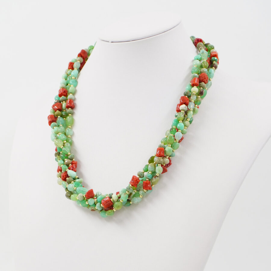 Collana Multifilo con crisoprasio, agata green grass, ematite, chiusura in argento 925 – Dorato