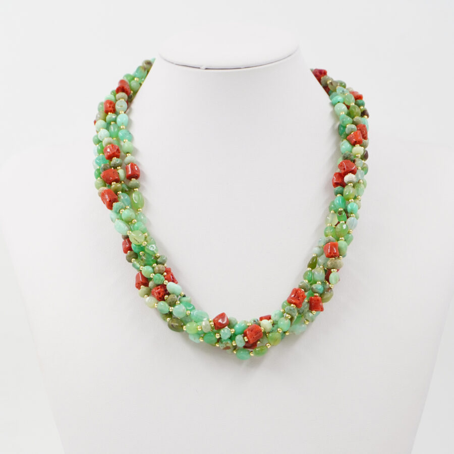 Collana Multifilo con crisoprasio, agata green grass, ematite, chiusura in argento 925 – Dorato - immagine 2