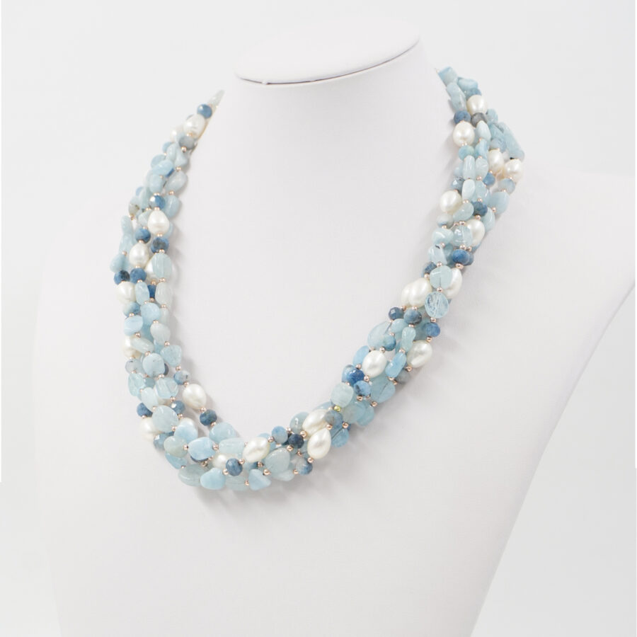 Collana Multifilo con acquamarina, perla, ematite, chiusura in argento 925 – Rosato
