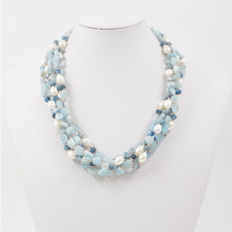 Collana Multifilo con acquamarina, perla, ematite, chiusura in argento 925 – Rosato - immagine 2