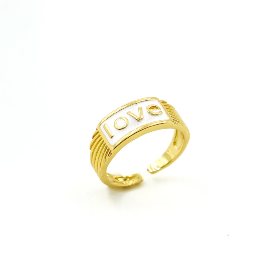 Anello fascia LOVE con smalto bianco