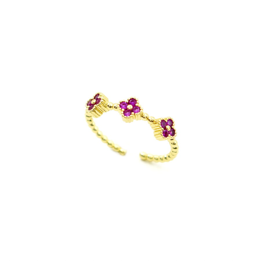 Anello trilogy fiorellino con zirconi rossi