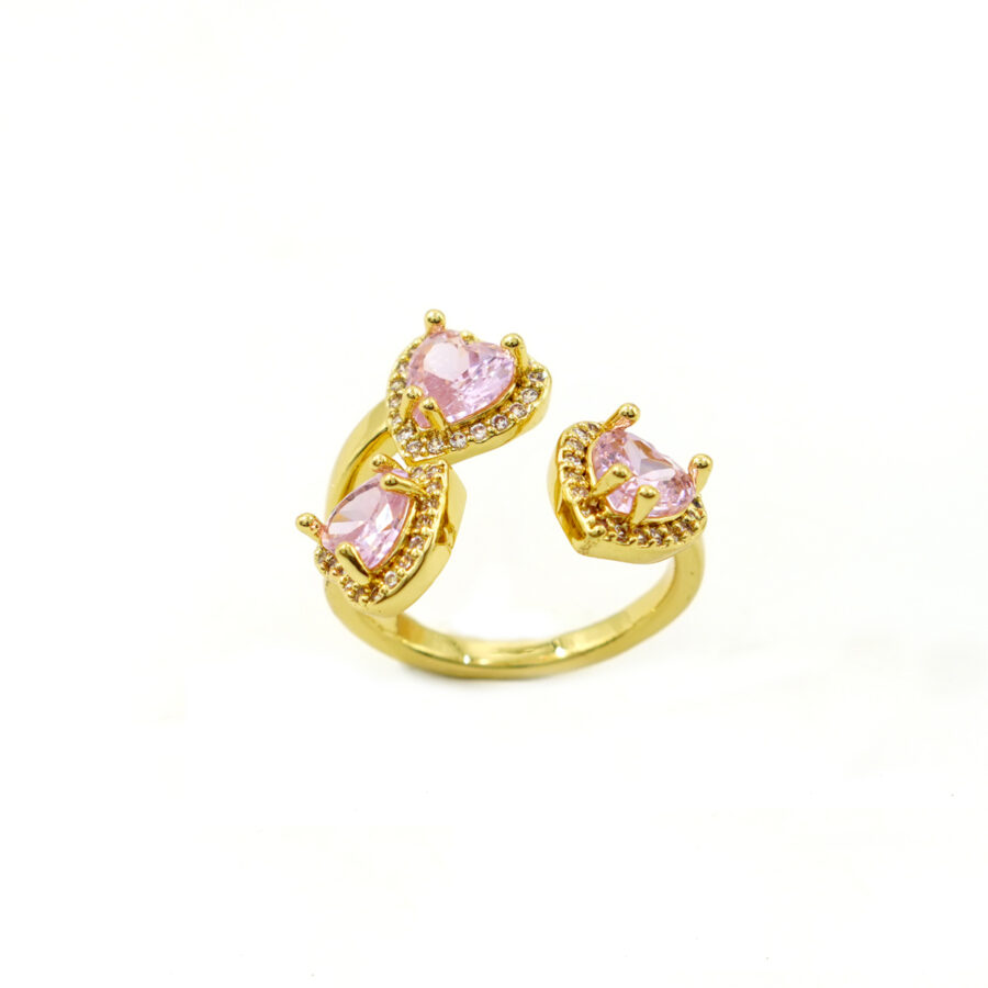 Anello tri-cuori con zirconi bianchi e rosa