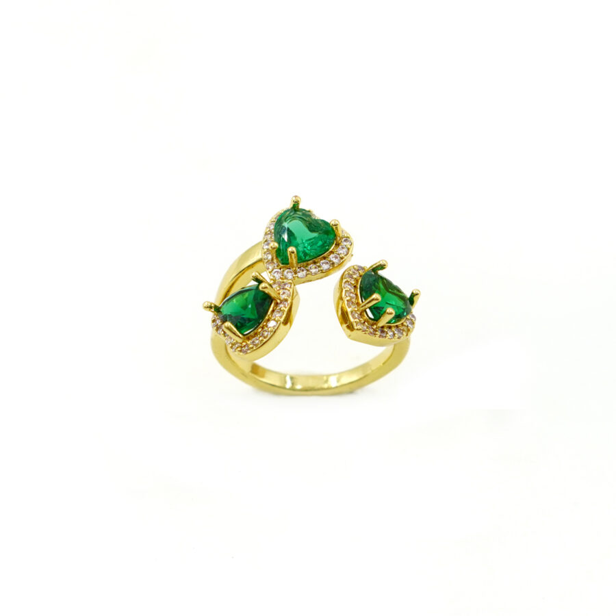 Anello tri-cuori con zirconi bianchi e verdi