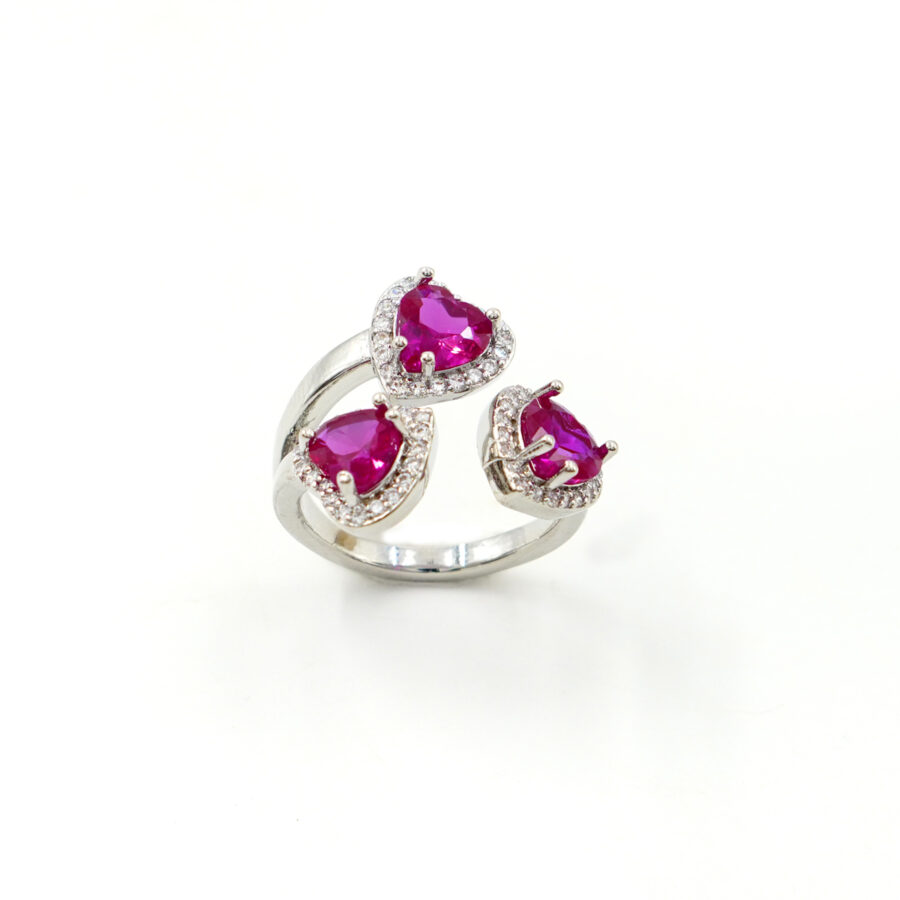 Anello tri-cuori con zirconi bianchi e rossi