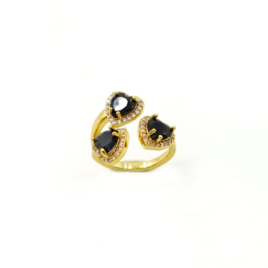 Anello tri-cuori con zirconi bianchi e neri