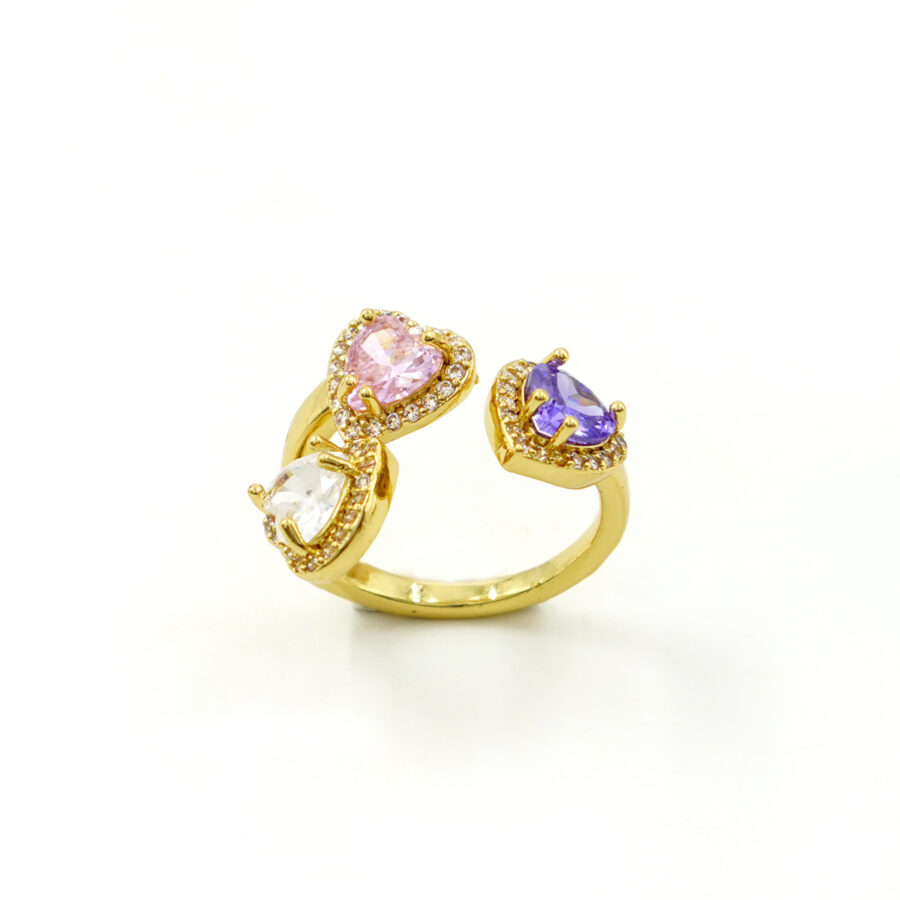 Anello tri-cuori con zirconi bianchi e multicolore