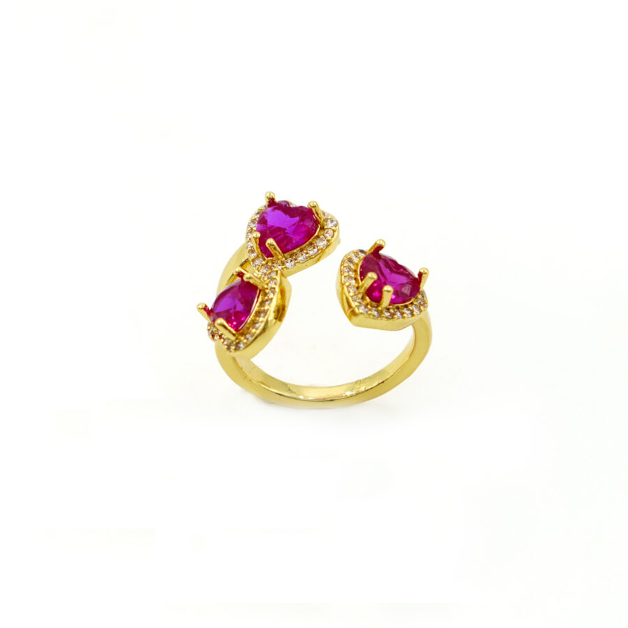 Anello tri-cuori con zirconi bianchi e rosso