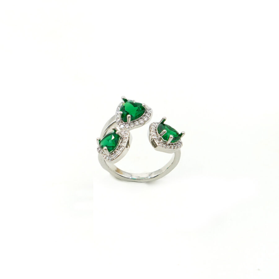 Anello tri-cuori con zirconi bianchi e verdi