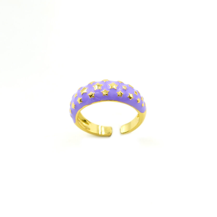 Anello fascia con stelline incise e smalto viola