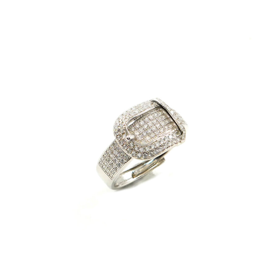 Anello fibbia in argento 925 con zirconi bianchi – Rodiato