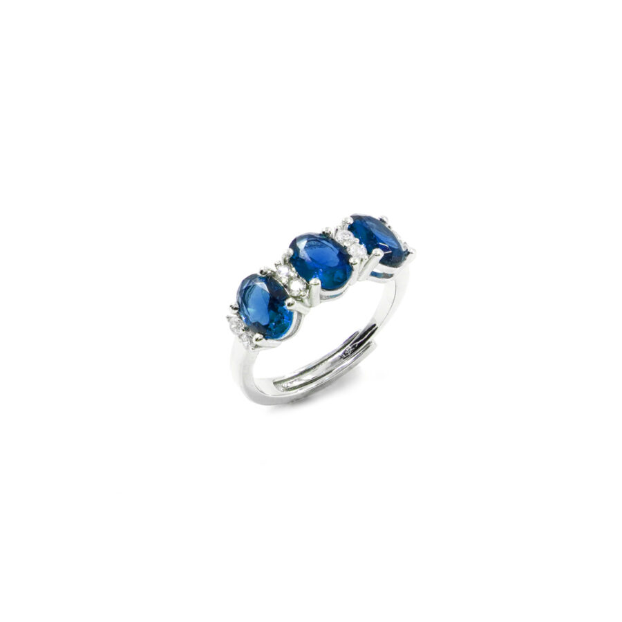 Anello Trilogy in argento 925 con zirconi ovali blu e zirconi bianchi - Rodiato