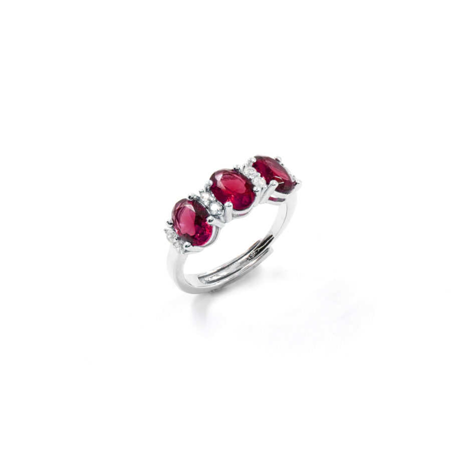 Anello Trilogy in argento 925 con zirconi ovali rossi e zirconi bianchi - Rodiato