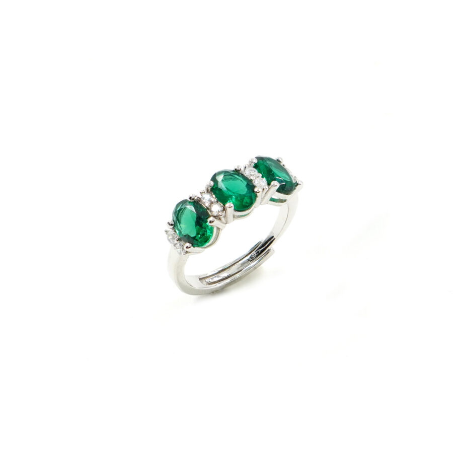 Anello Trilogy in argento 925 con zirconi ovali verdi e zirconi bianchi - Rodiato