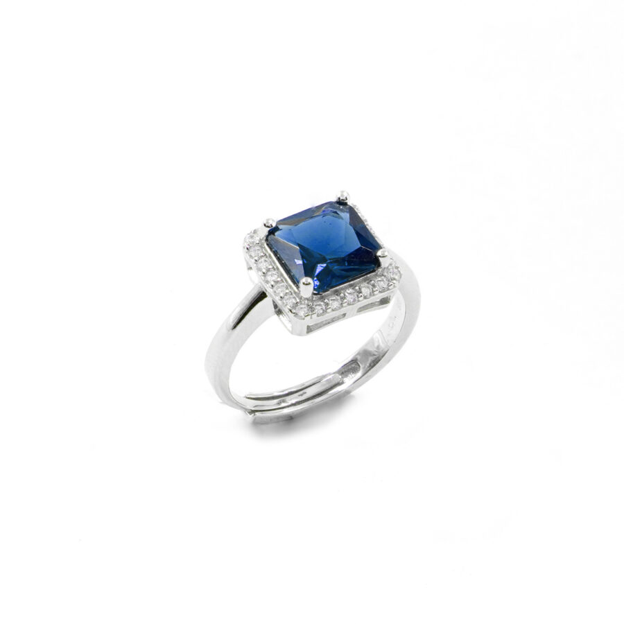 Anello in argento 925 con zircone ottagonale blu e giro di zirconi bianchi - Rodiato