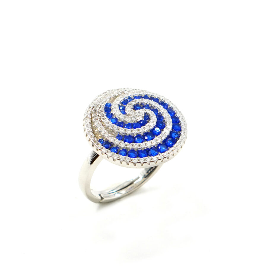 Anello a spirale in Argento 925 con zirconi blu e zirconi bianchi - Rodiato