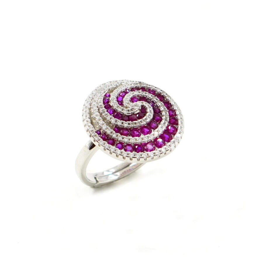 Anello a spirale in Argento 925 con zirconi rossi e zirconi bianchi - Rodiato