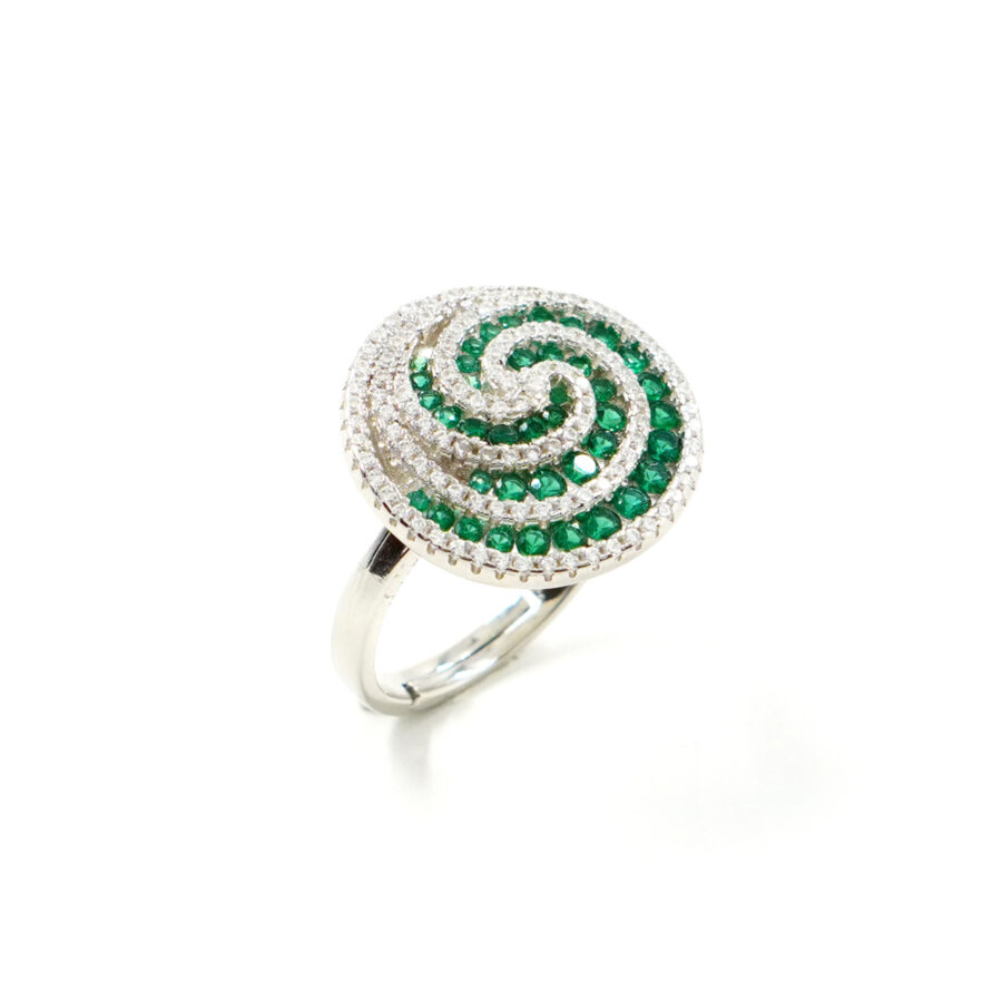 Anello a spirale in Argento 925 con zirconi verdi e zirconi bianchi - Rodiato