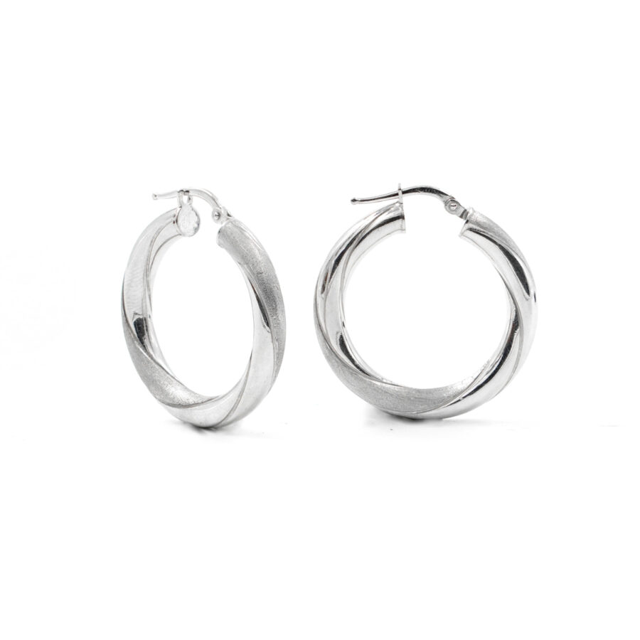 Orecchini cerchio a spirale satinato in argento 925 a baionetta 28mm – Rodiato