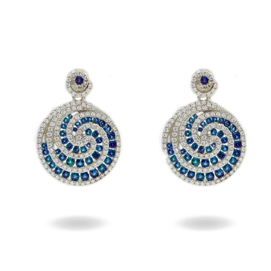 Orecchini a spirale in Argento 925 con zirconi blu e zirconi bianchi - Rodiato