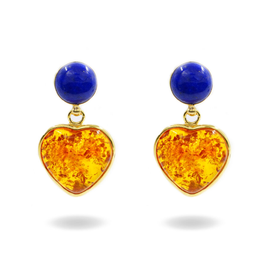 Orecchini in argento 925 con lapis e cuore di ambra - Dorato