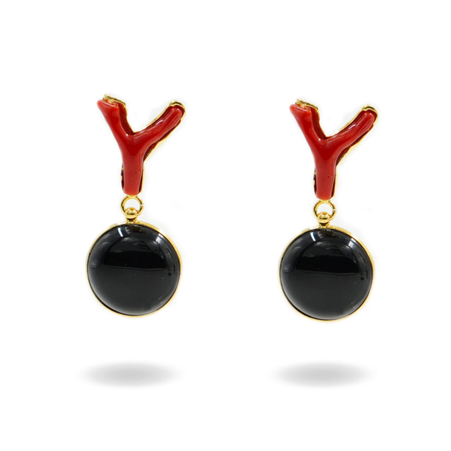 Orecchini in argento 925 con agata nera e ramo di corallo - Dorato