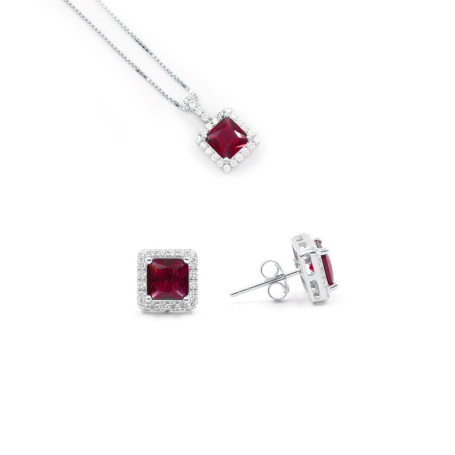 Orecchini e Collana halo in argento 925 con zircone ottagonale rosso e giro di zirconi bianchi – Rodiato