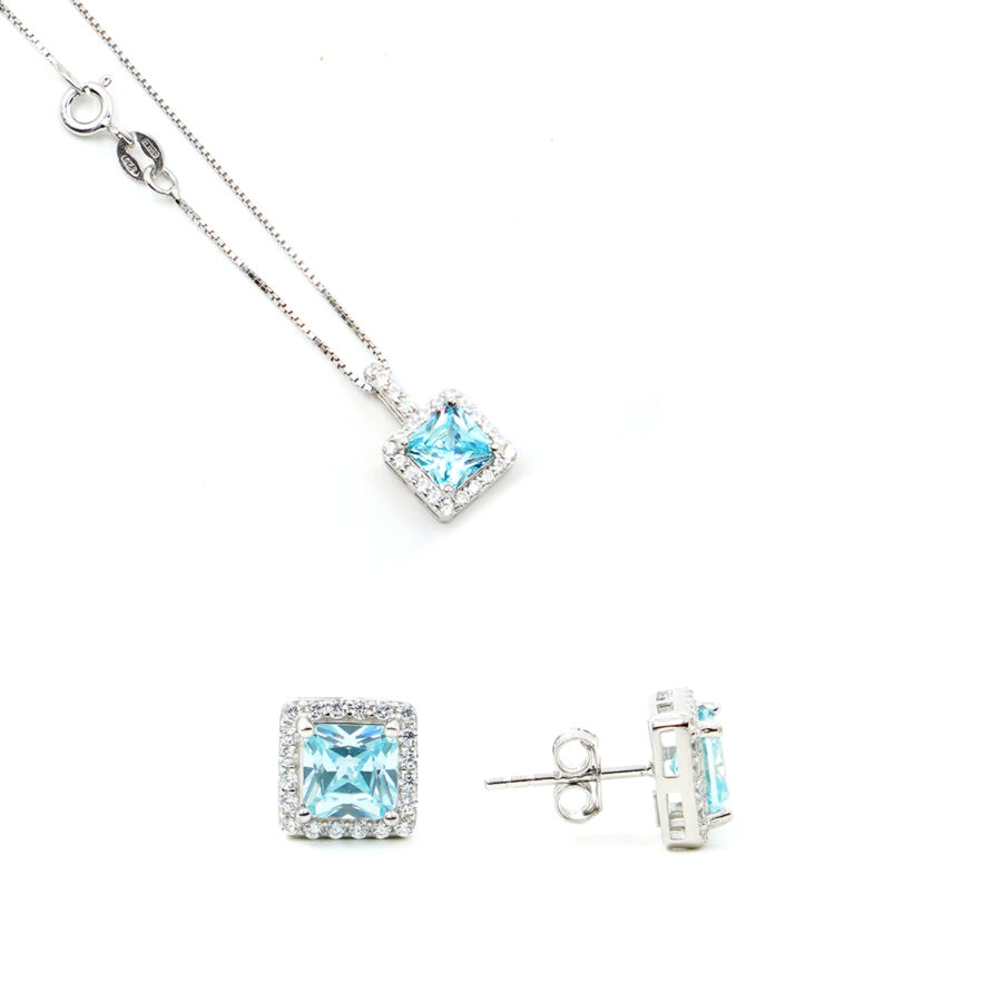 Orecchini e Collana halo in argento 925 con zircone ottagonale azzurro e giro di zirconi bianchi – Rodiato